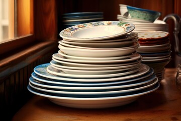 Many different plates and bowls stacked high, creating a colorful still life in a cozy kitchen setting