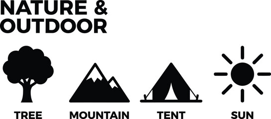 Nature & Outdoor Adventure Icons Set: Tree, Mountain, Tent, Sun Symbols for Camping, Hiking, and Travel Design