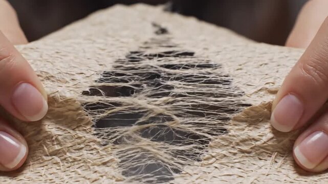 Hands holding a piece of burlap fabric