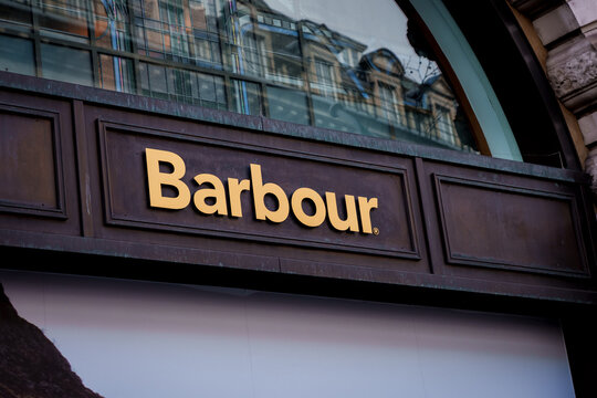 LONDON, UK. 16th  February 2025. Barbour company logo on store. J. Barbour & Sons, Limited, trading as Barbour, is an English luxury and lifestyle brand founded by John Barbour