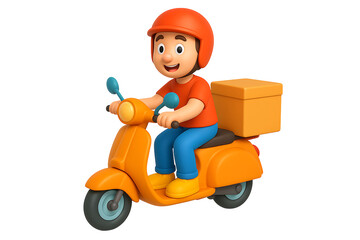 3D render of happy cartoon delivery man riding an orange scooter with a large food box isolated on background