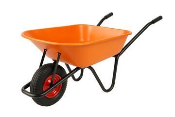 Bright orange construction wheelbarrow isolated on white background for gardening and building