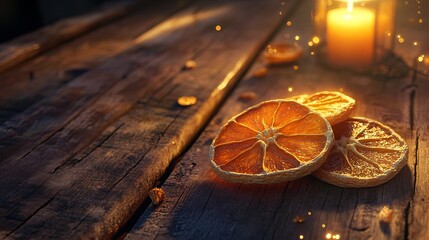 Dried orange slices enchanted to shimmer softly, resting on an old wooden table. .