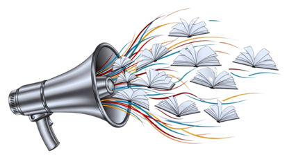 Megaphone emits a vibrant burst of colorful sound waves and open books, symbolizing loud communication and the widespread dissemination of knowledge