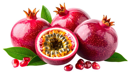 Group of red, ripe pomegranates, one halved, with seeds and foliage
