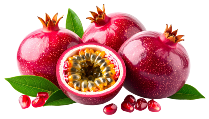 Group of red, ripe pomegranates, one halved, with seeds and foliage