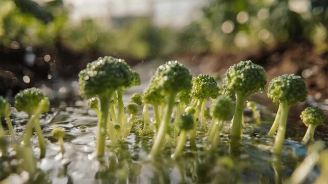 Young broccoli plants growing in a flooded vegetable garden with soil and greenery in the background, possibly used for agriculture or farming