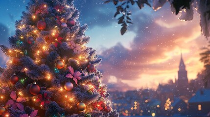 A Christmas tree adorned with delicate ornaments and glowing lights .