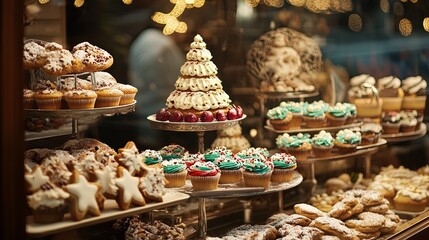 A bakery window displaying New Year themed cookies, cupcakes, and cakes .