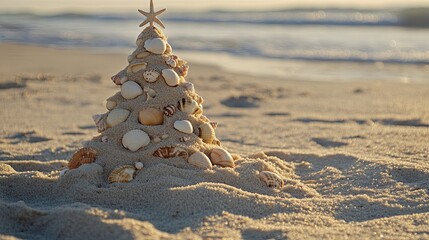 A Christmas tree made of sand, decorated with seashells and starfish on a sunny beach. .