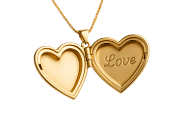 Open gold heart locket pendant with the word Love inside isolated on white background