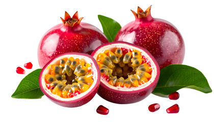 Vibrant still-life whole pomegranates, passion fruit halves, leaves, and scattered seeds