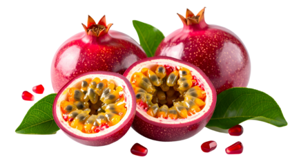 Vibrant still-life whole pomegranates, passion fruit halves, leaves, and scattered seeds