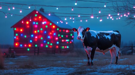 A black and white cow standing near a barn wrapped in pastel fairy lights. .