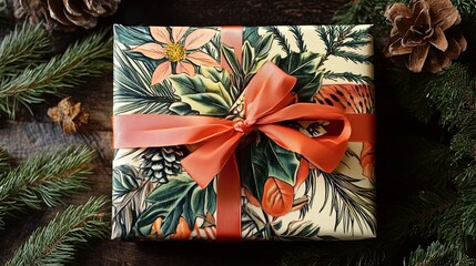 A beautifully wrapped New Year gift with a festive ribbon and pine sprigs .