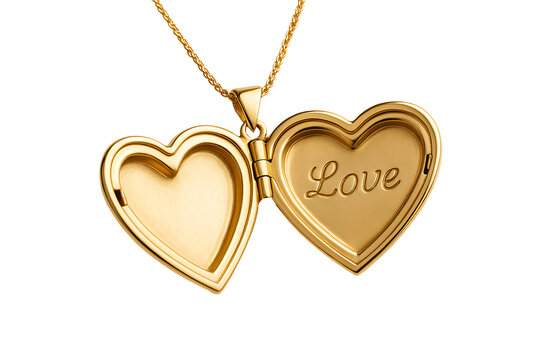 Open gold heart locket pendant with the word Love inside isolated on white background
