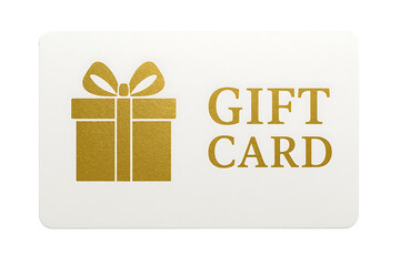 White gift card with gold text and present icon isolated on white background