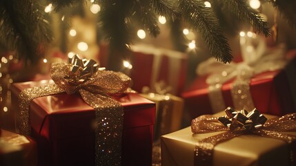 A collection of wrapped holiday gifts arranged under a sparkling tree, with soft light falling on them. .