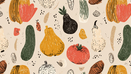 Colorful Fruit and Vegetable Pattern on Background
