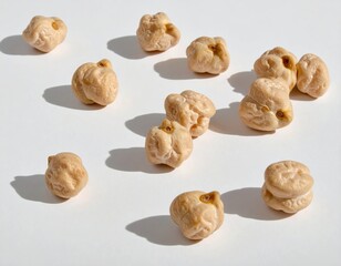 Cooked chickpeas scattered on a white surface, casting shadows