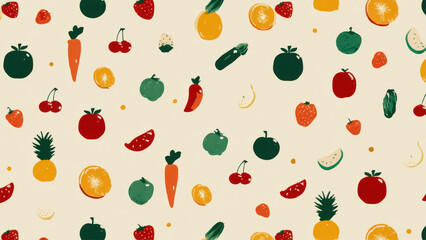 Colorful Fruit and Vegetable Pattern on Background