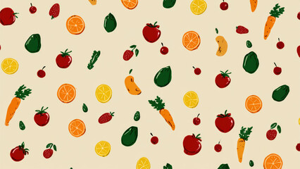 Colorful Fruit and Vegetable Pattern on Background