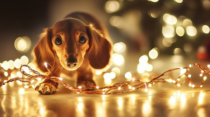 A dachshund wagging its tail with a tangled mess of lights trailing behind. .