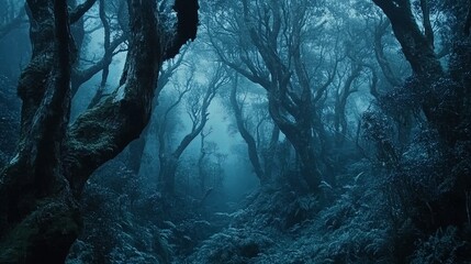 A dense, dark forest cloaked in mist, with the early blue light of dawn slowly revealing the twisted shapes of trees and foliage .