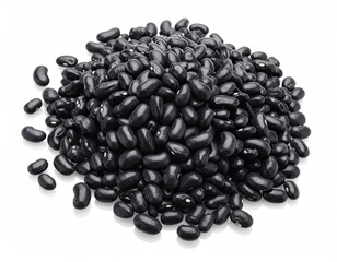 Heap of shiny black beans, close-up, isolated on white background