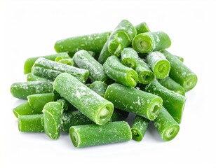 Frozen, chopped green vegetables piled on white, with frost