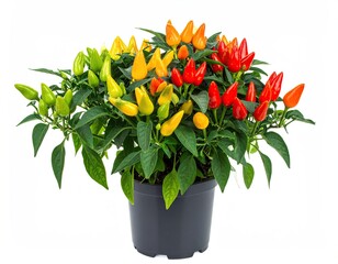 A potted plant brimming with peppers, transitioning color