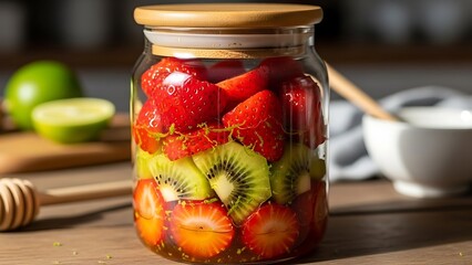 Healthy strawberry and kiwi fruit salad jar with lime honey glaze.