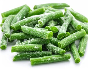 Frozen, cut green vegetable pieces, piled on white, with white dusting
