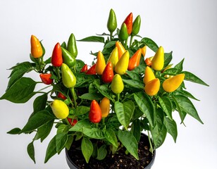 A colorful, vibrant chili pepper plant with red, yellow, and green fruit