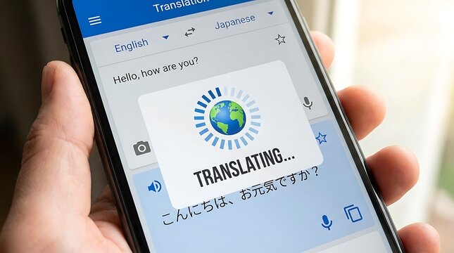 Smartphone displaying real-time language translation application interface. - Powered by Adobe