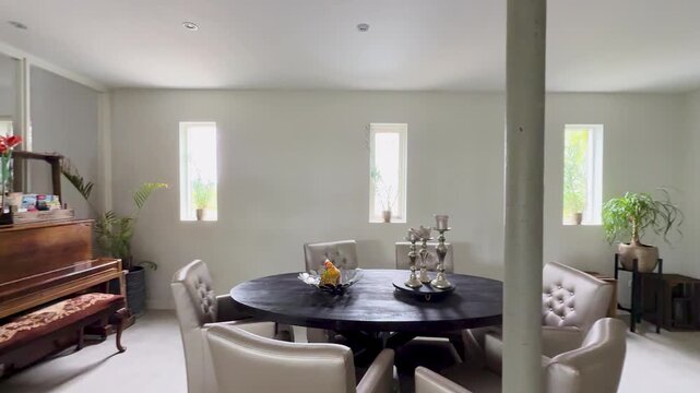 Modern Home Interior with Upright Piano and Elegant Dining Area