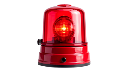A bright red, glowing emergency siren with a clear dome sits isolated on a black background