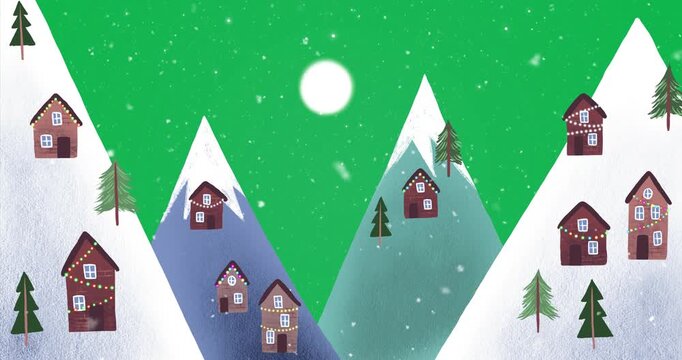 Wintery Christmas with snow falling, houses, moon and mountains