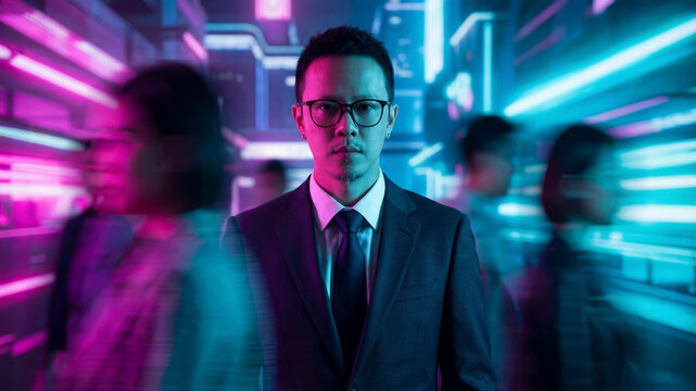 Professional man standing in futuristic cyberpunk city - Powered by Adobe