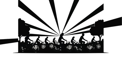 Silhouetted group of cyclists riding towards a bright, radiant future.