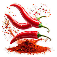 Vibrant image of three red chili peppers with powder and peppercorns on a black background
