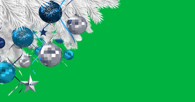 Animation of decoration with christmas baubles and white fir tree branches on black background