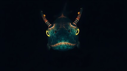 A deep-sea chimaera glowing with bioluminescent forehead lights in the dark ocean abyss.