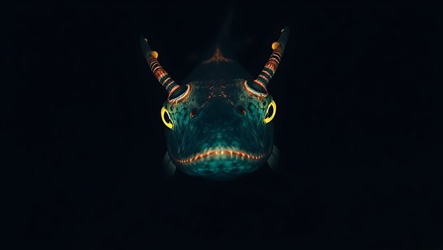 A deep-sea chimaera glowing with bioluminescent forehead lights in the dark ocean abyss.