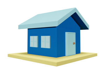 Blue house with light blue roof and door on yellow platform