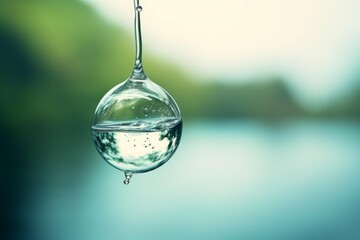 Glass sphere filled with water reflecting nature with a blurred background