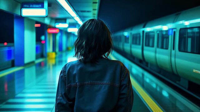 Woman walks on a city subway platform at night as train arrives while lights illuminate the area
