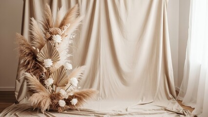Boho Wedding Studio Background with Pampas Grass Dried Flowers and Beige Fabric Backdrop