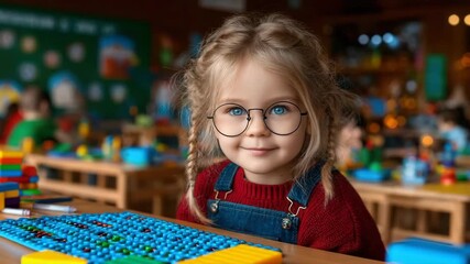 Cute little girl with glasses playing with educational toys in classroom