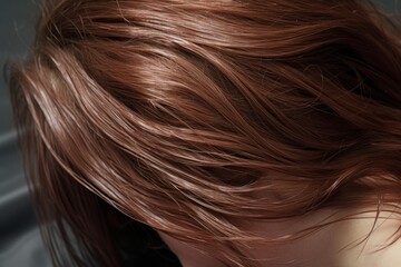 Fototapeta premium Auburn hair flows down a woman's back in soft waves, creating a sense of elegance and natural beauty